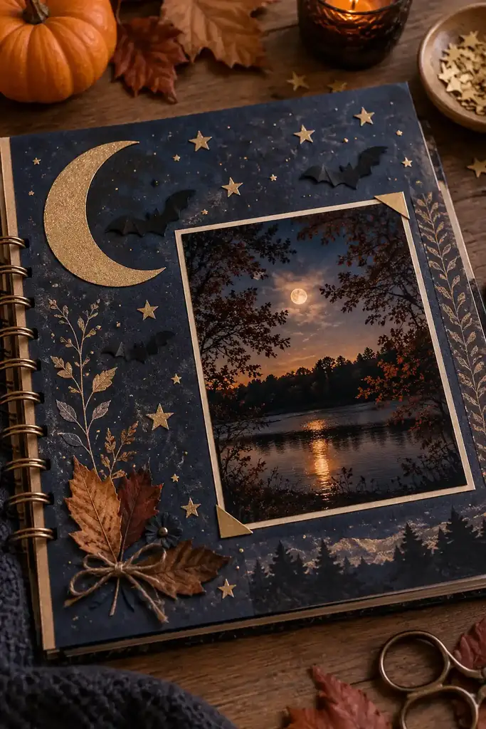 Navy scrapbook page with gold crescent moon, stars, black bats and an autumn night photo