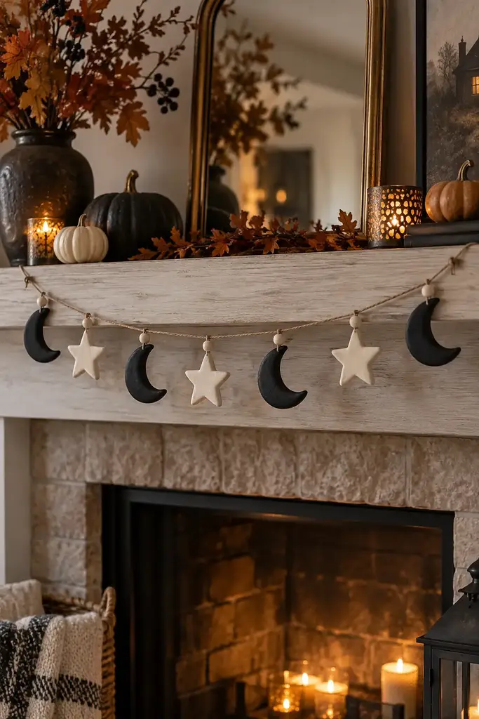 Black and ivory clay crescent moon and star garland across a mantel