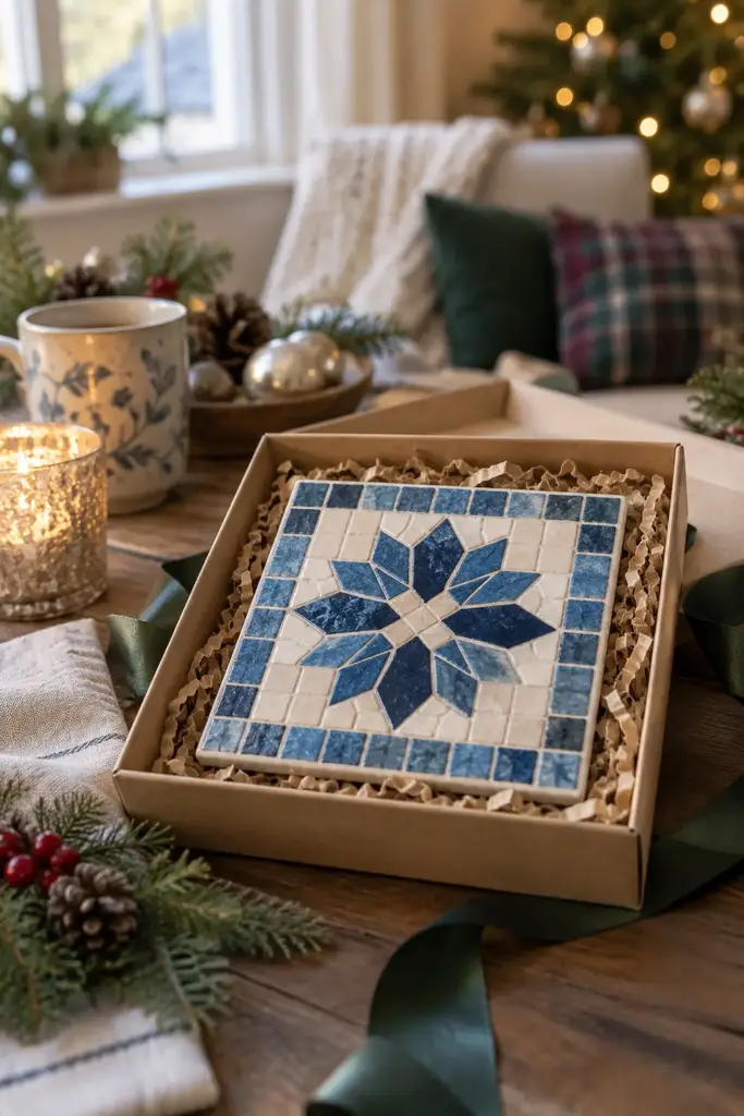 Square blue and cream ceramic mosaic trivet with a star pattern in a gift box