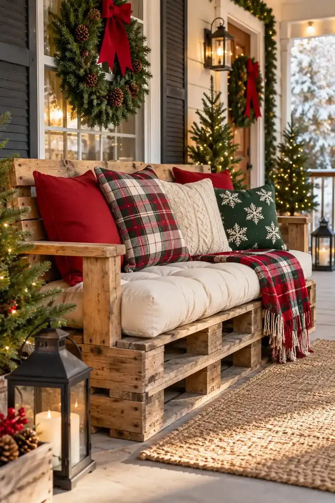 Pallet porch bench with holiday cushions