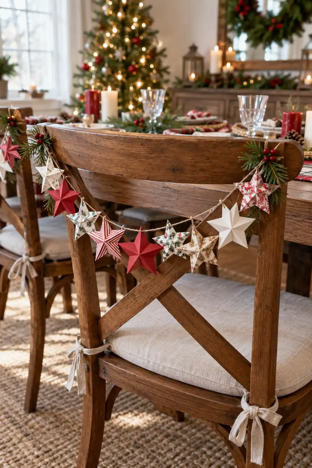 Paper Star Chair Garland Christmas chair decoration ideas