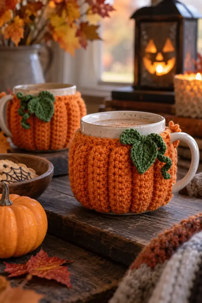 Orange crochet pumpkin mug sleeves with green leaf details around ceramic mugs