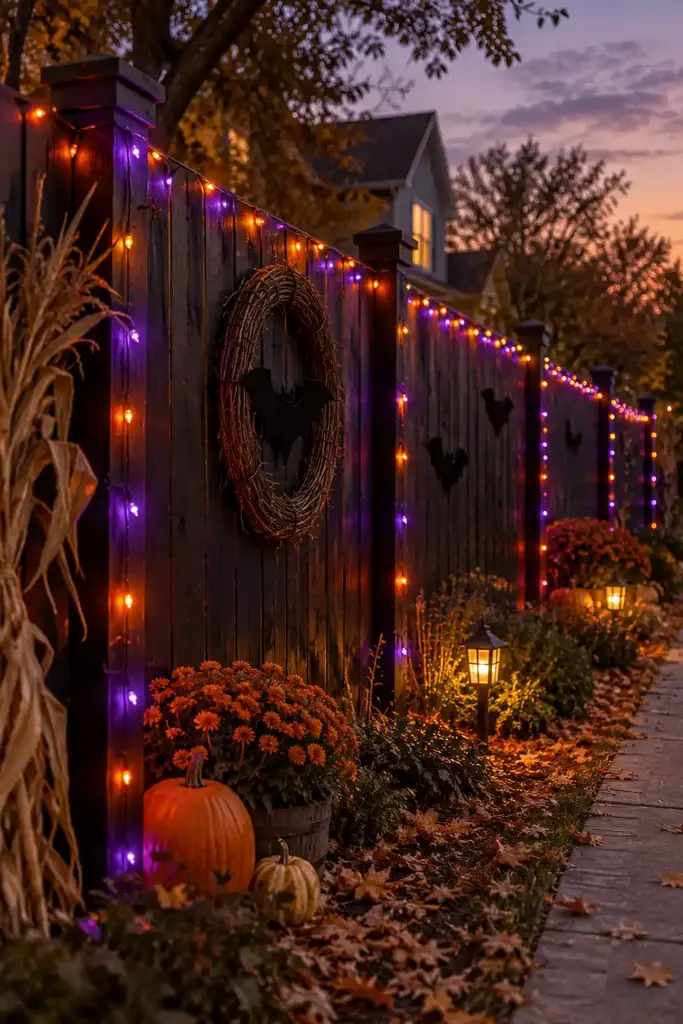 Dark wooden fence outlined with purple and orange outdoor string lights at twilight