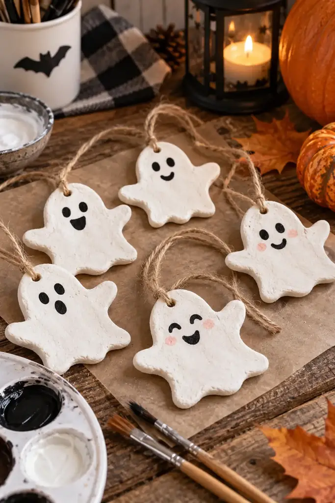 Homemade salt dough ghost ornaments painted white with cheerful faces on a craft table