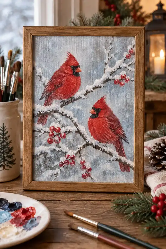 Two red cardinals are on pale branches beside clusters of red berries