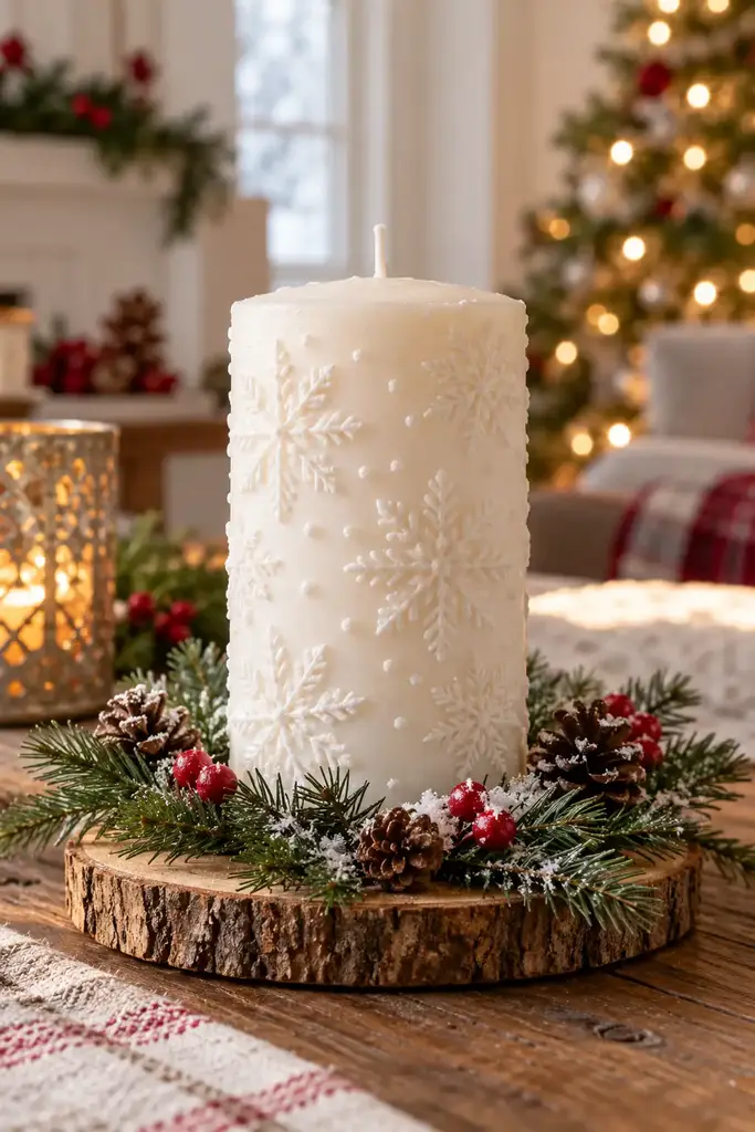 Snowflake embossed white pillar candle