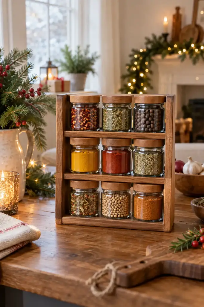 Wooden spice rack with nine glass jars of colorful dried spices