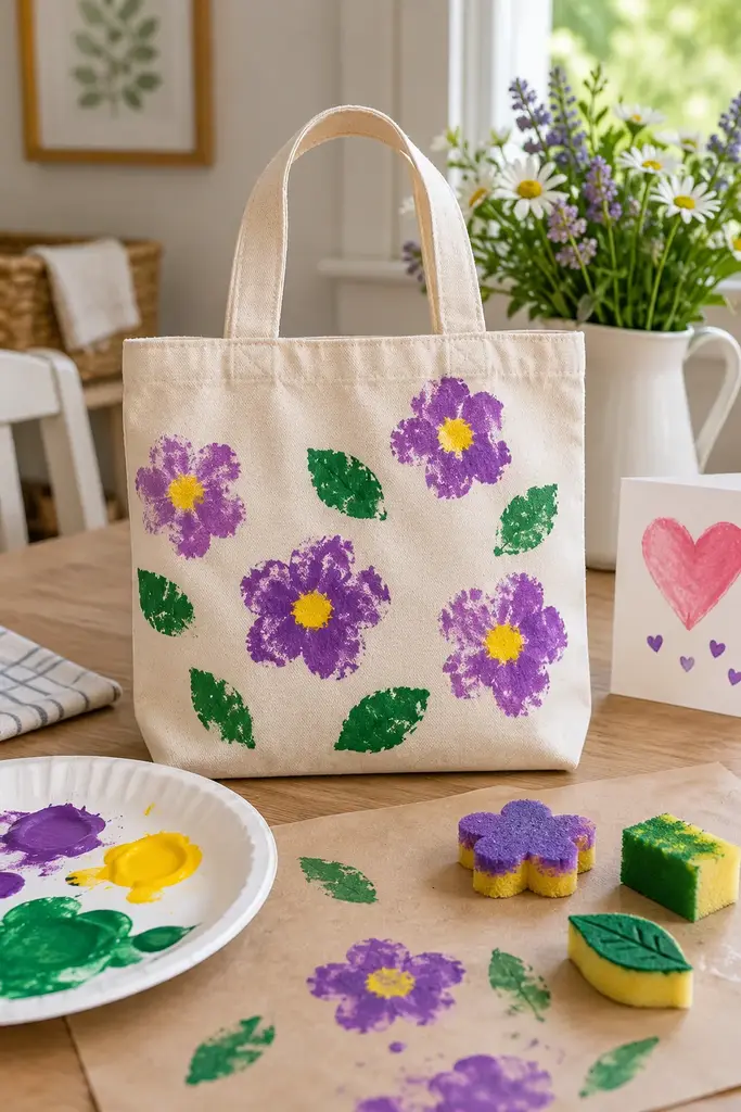 Small cotton tote bag decorated with sponge stamped purple flowers, yellow centers and green leaves