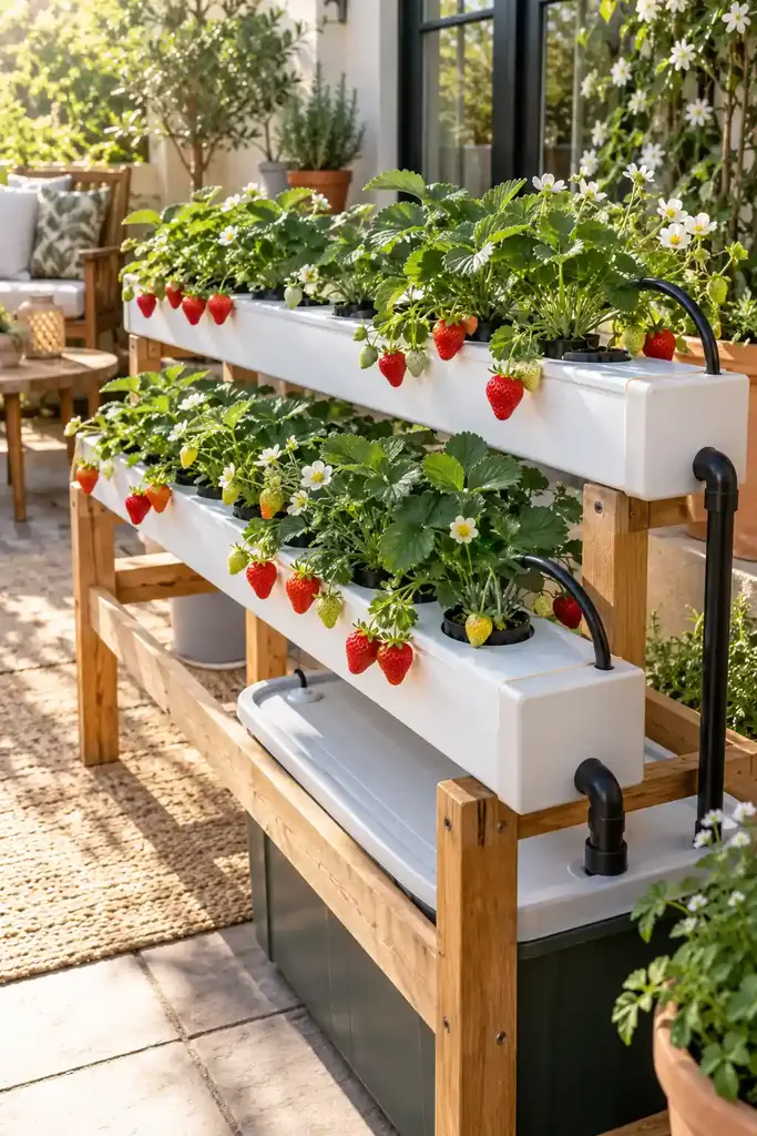 DIY strawberry hydroponic garden in two white grow channels on a wooden frame with red berries and white blossoms