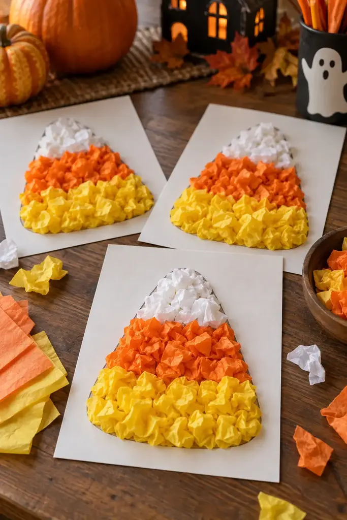 Candy corn shapes filled with crumpled white, yellow and orange tissue paper on cardstock