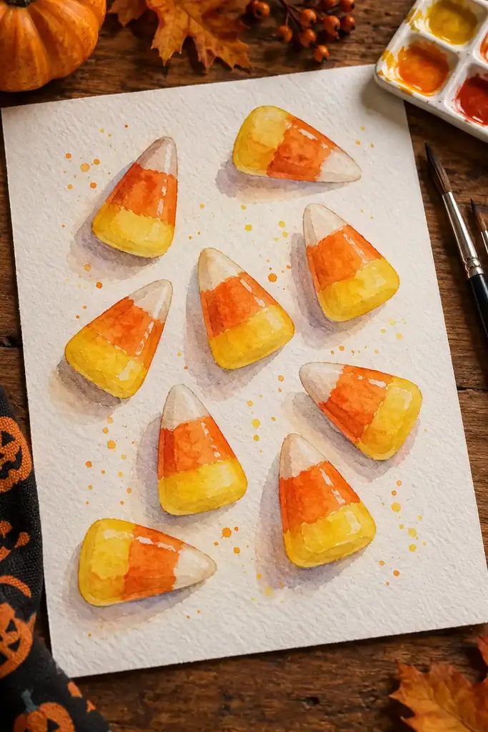 Watercolor painting of scattered candy corn pieces in yellow, orange and white