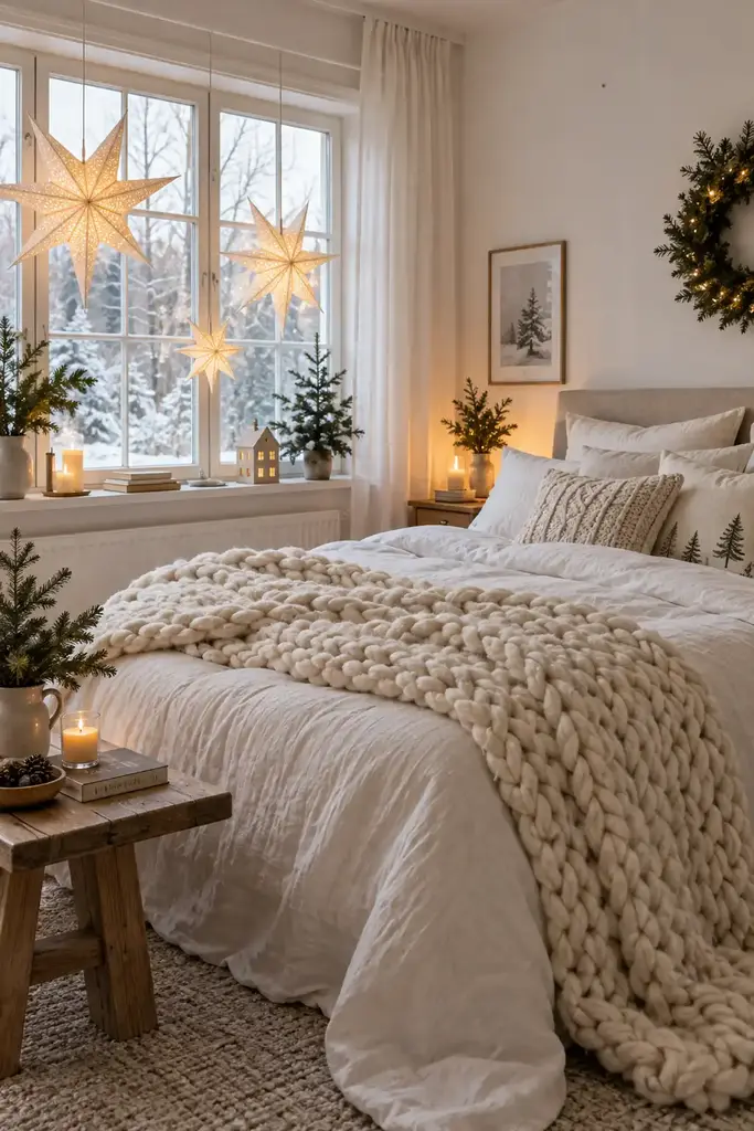 Large paper stars hang at different heights in a bright window