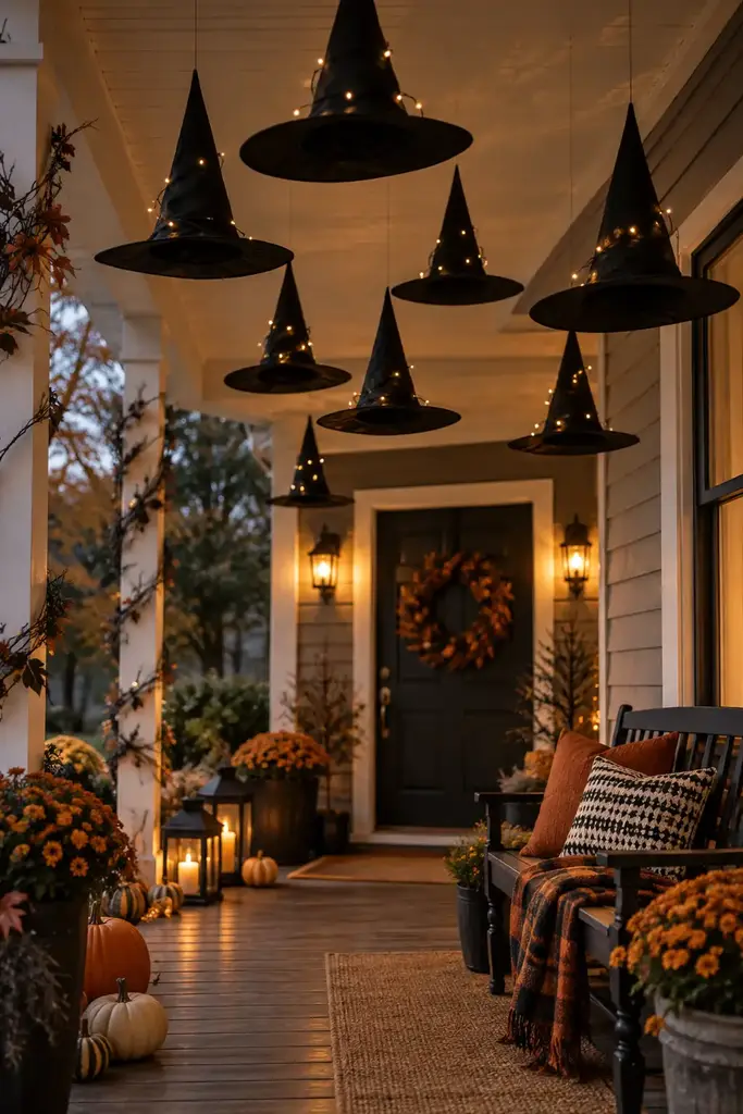Black witch hats hanging from clear thread across a porch ceiling with small warm battery lights