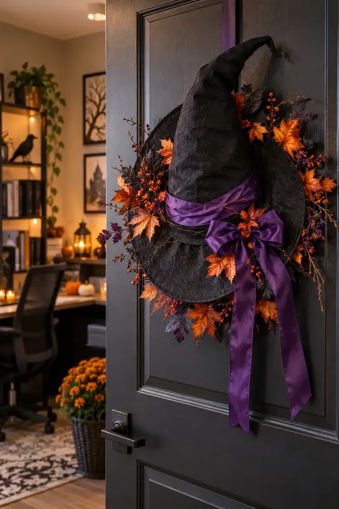 Office door with a handmade black witch hat wreath with purple ribbon and orange leaves