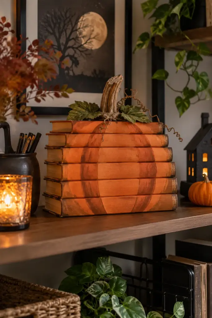 Stack of old books painted orange and shaped into a pumpkin on an office shelf