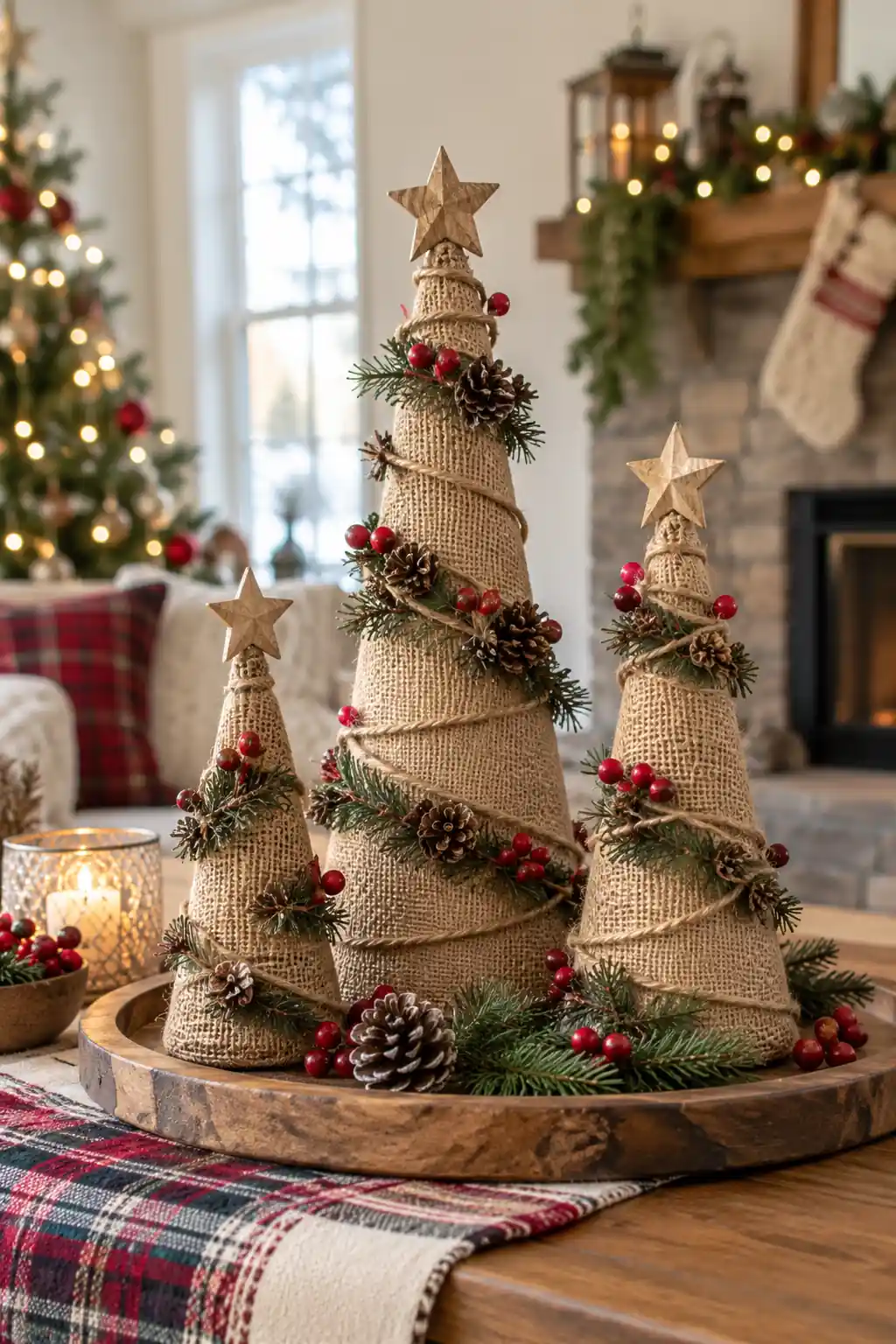 Burlap Tree Cones fabric Christmas crafts ideas
