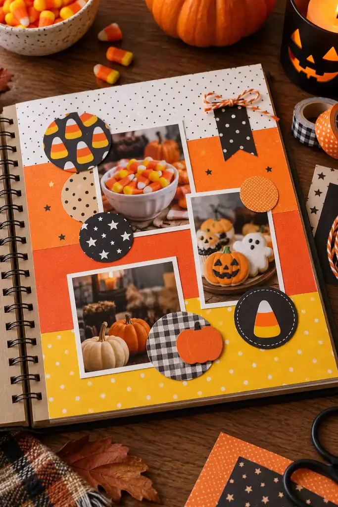Bright scrapbook spread with candy corn color block stripes, treat photos and paper circles