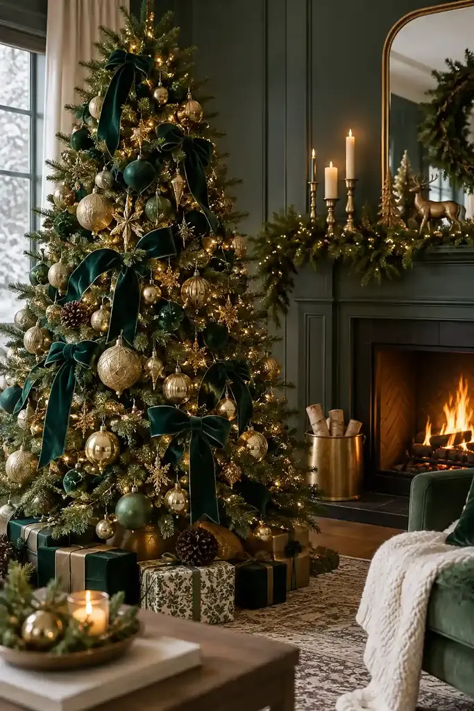 Christmas tree decorating ideas, emerald velvet ribbon with gold ornaments