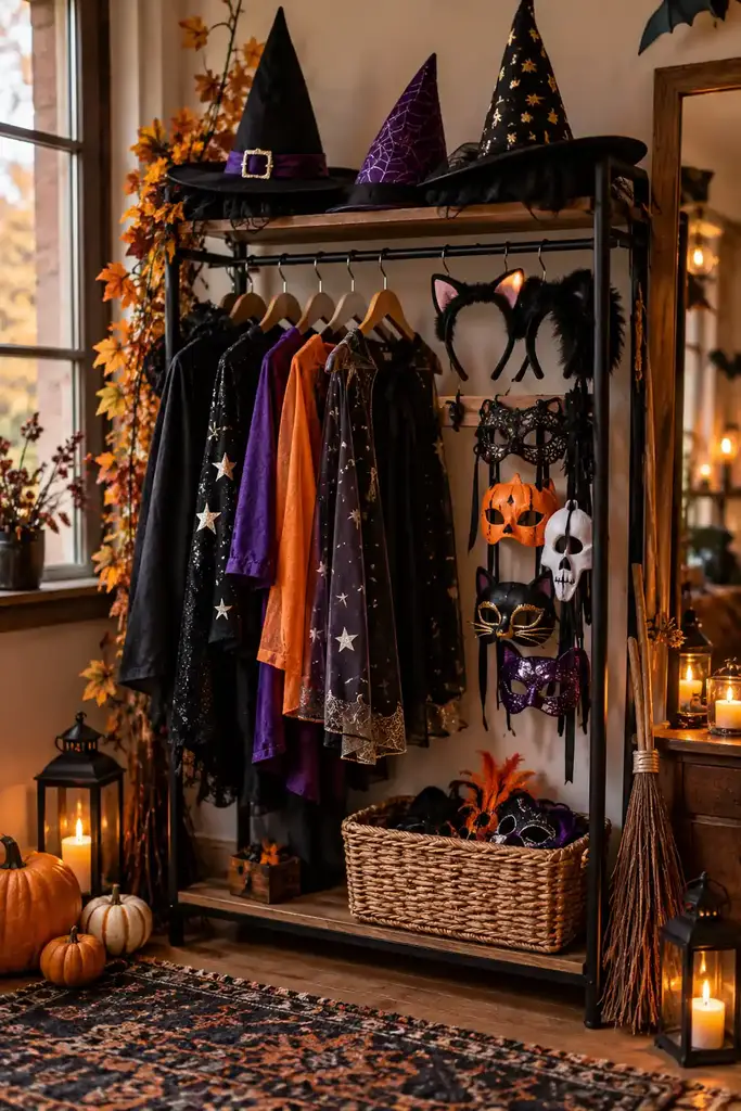Halloween party costume station with witch hats, cat ears, capes and masks on a rack