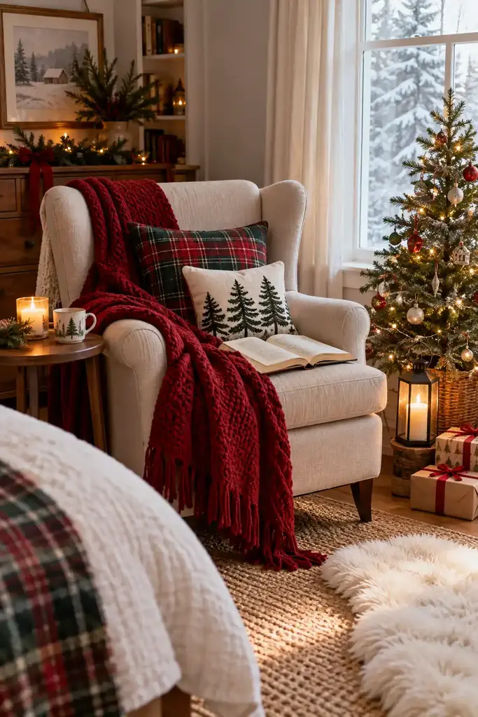 A pale armchair has a red throw and checked cushion beside a decorated tree
