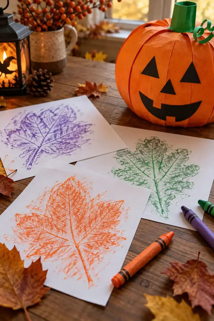 Autumn leaf crayon rubbings in orange, purple and green with a large paper pumpkin