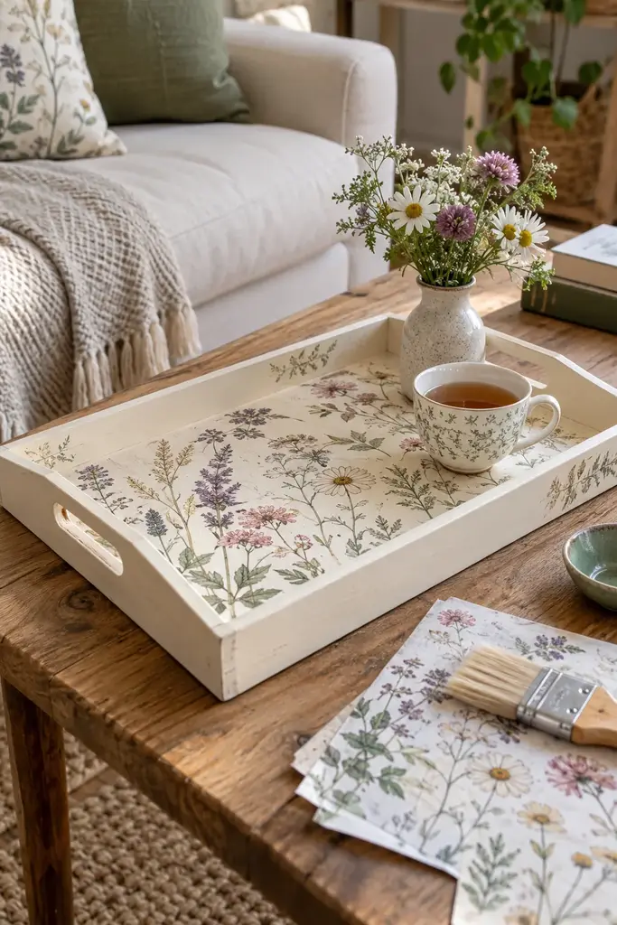 Handmade botanical decoupage wooden tray in cream with wildflower paper design styled with a tea cup
