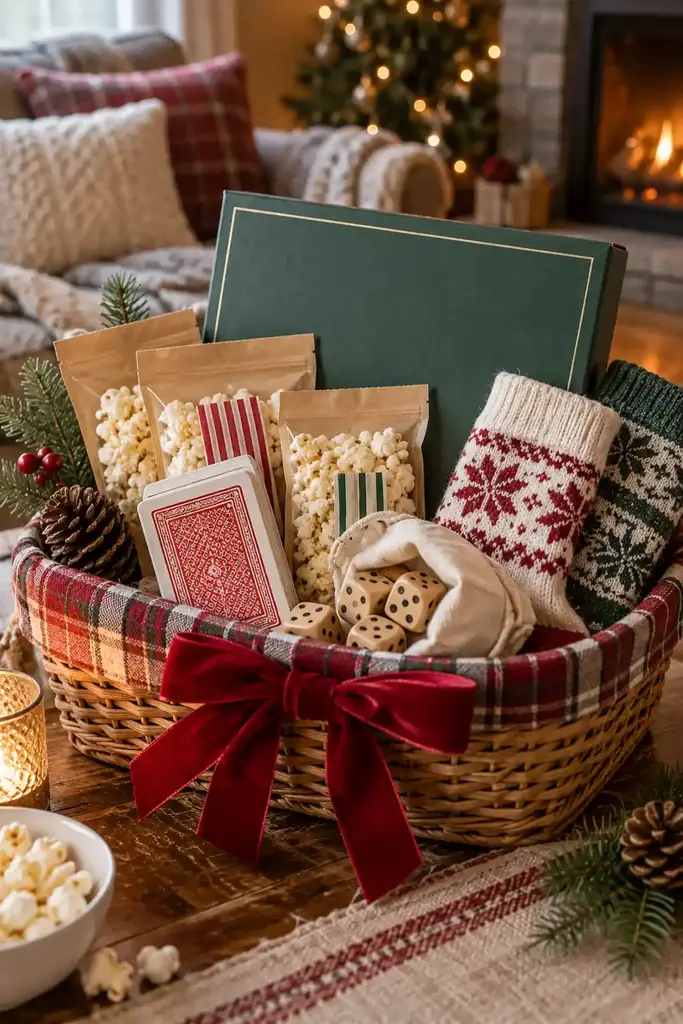 Family game night basket with a board game, popcorn bags, playing cards and Nordic knit socks