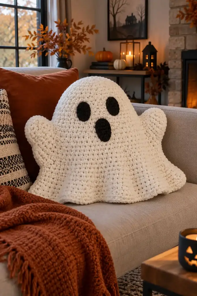 Soft oversized white crocheted ghost shaped pillow on a neutral sofa