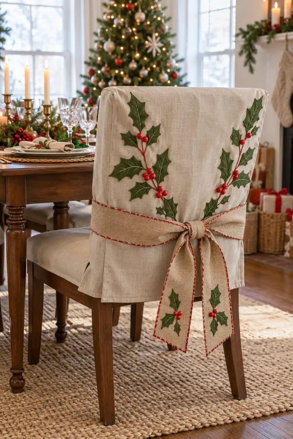 Holly Linen Chair Cover Christmas chair decoration ideas