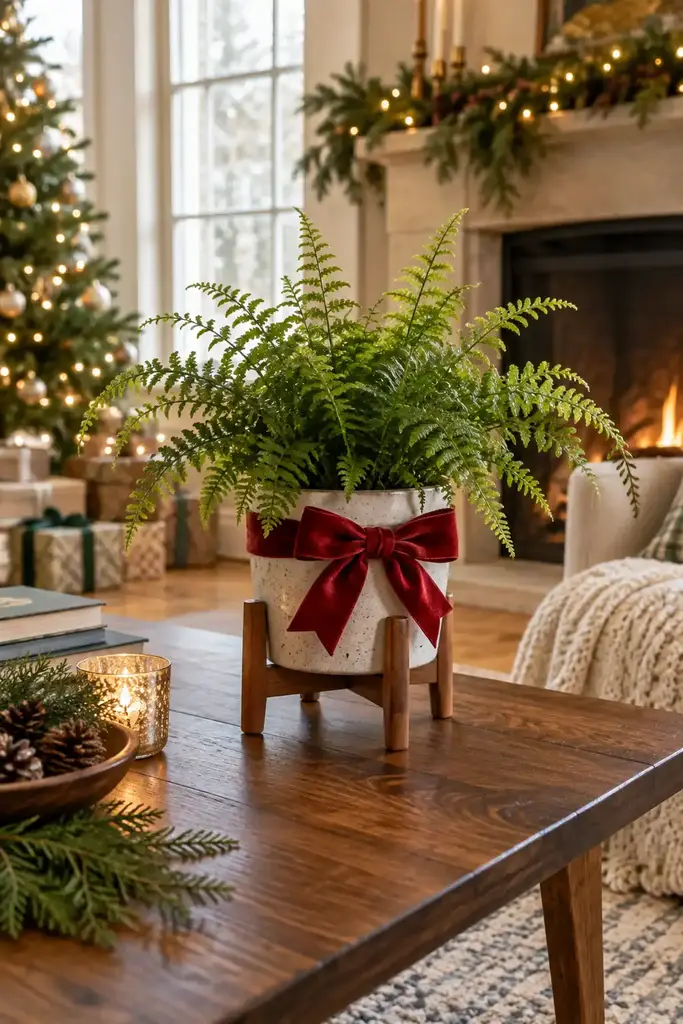 Fern in a white ceramic pot on a low walnut plant stand tied with a red bow