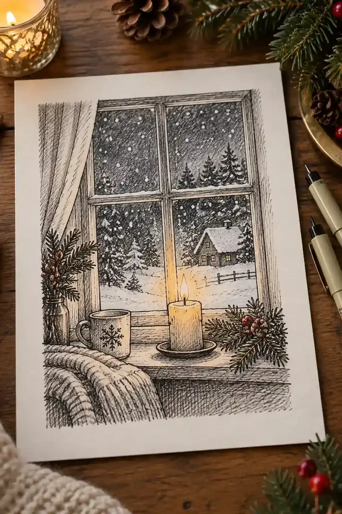 A candle lights the lower part of a window overlooking a snowy cottage
