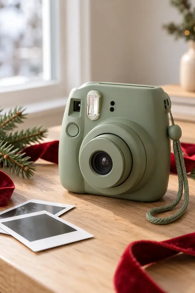 Sage green instant photo camera with two printed photos and a red velvet ribbon on a wooden table