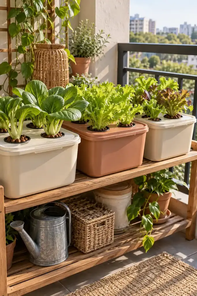 No pump Kratky salad garden in three cream and terracotta food storage tubs with bok choy and lettuce in net pots