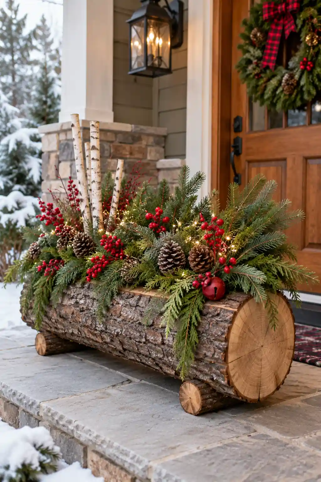 Log Porch Planter log Christmas decoration ideas