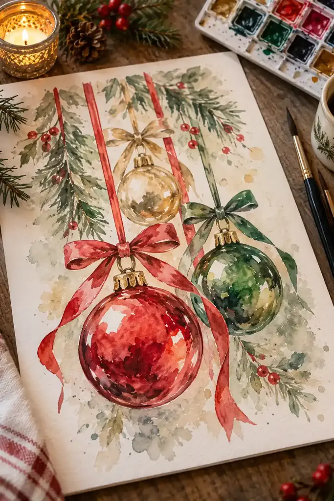 Red, green and gold baubles hang beneath painted evergreen sprigs