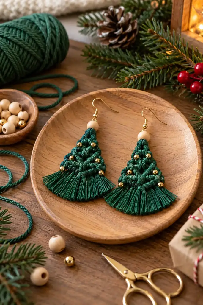 Macrame green tassel earrings