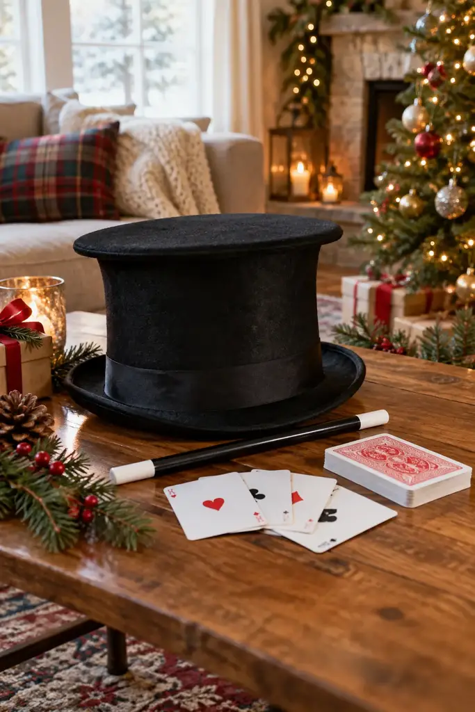 Black magician top hat with a white tipped wand and a deck of playing cards on a coffee table