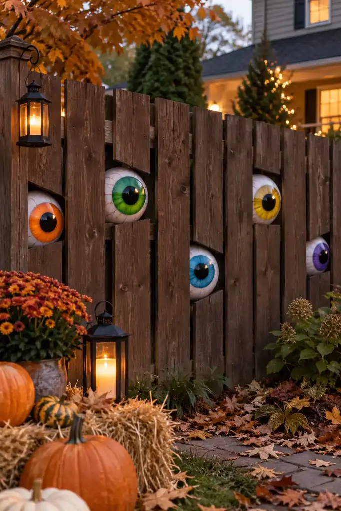 Brown garden fence with large colorful monster eyes peeking between slats