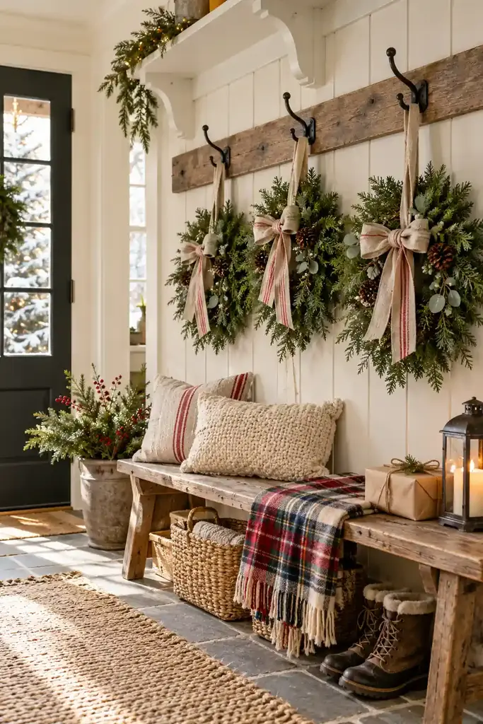 Mudroom peg rail wreaths