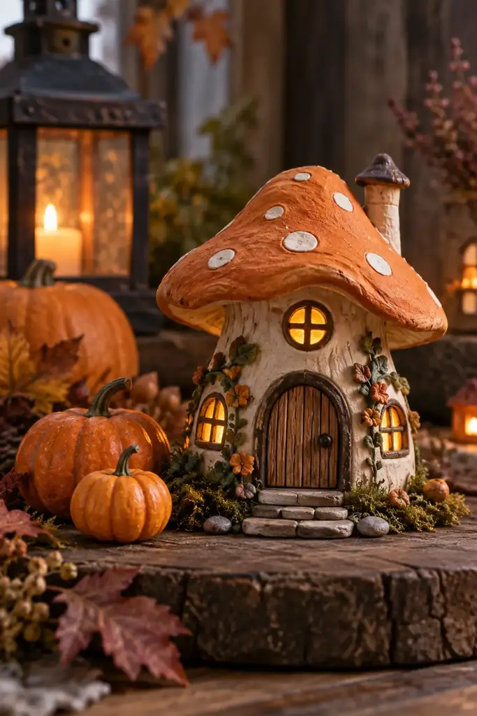 Small orange clay mushroom fairy house with tiny windows beside miniature clay pumpkins