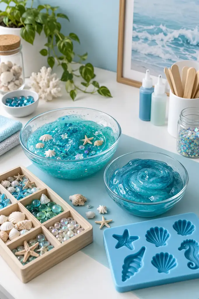 Ocean themed slime station with aqua and teal slime, sea molds and shell charms on a white desk