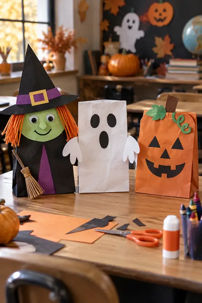 Witch, ghost and pumpkin paper lunch bag puppets standing on a classroom desk