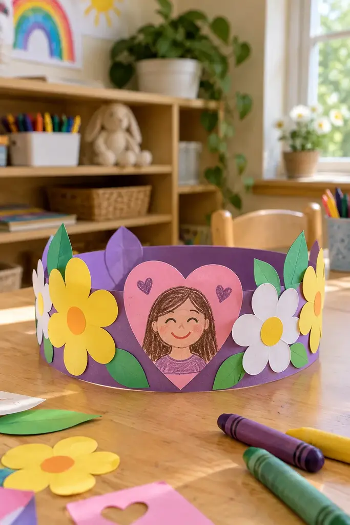 Women's Day paper flower crown with yellow and white paper flowers and a heart portrait at the front