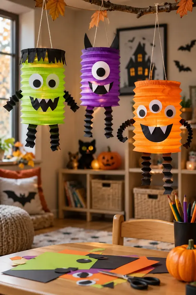 Bright accordion paper lantern monsters in lime, purple and orange hanging in a playroom