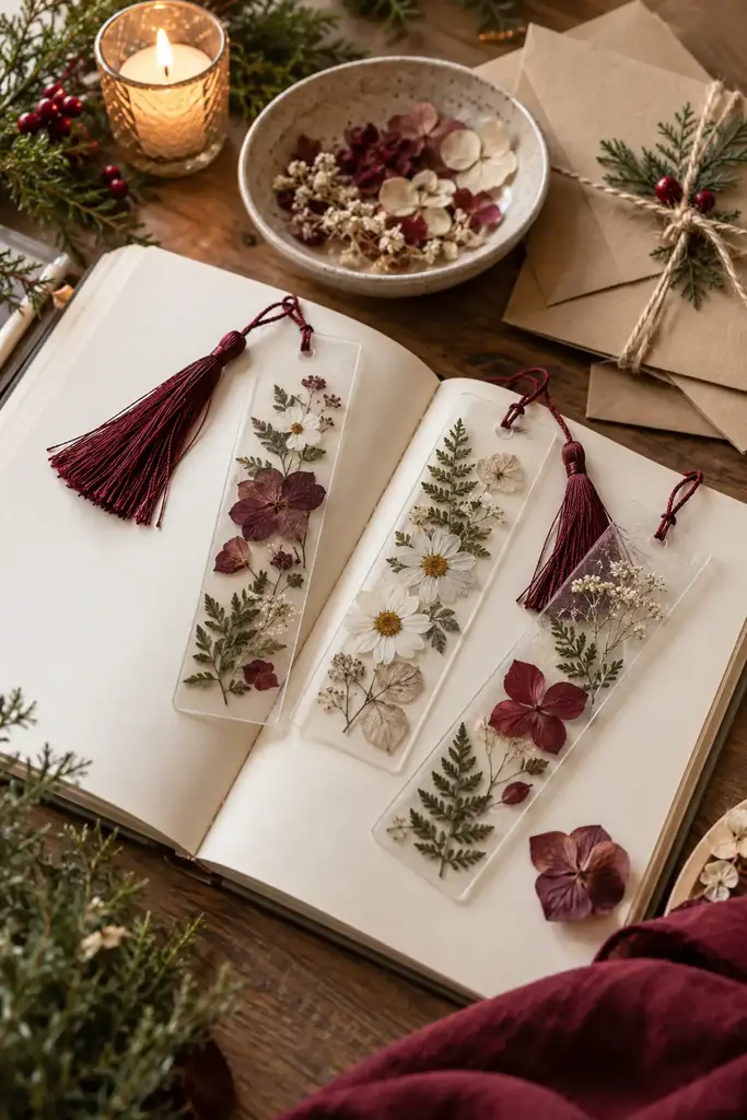 Clear pressed flower bookmarks with red and white flowers and ferns on an open notebook