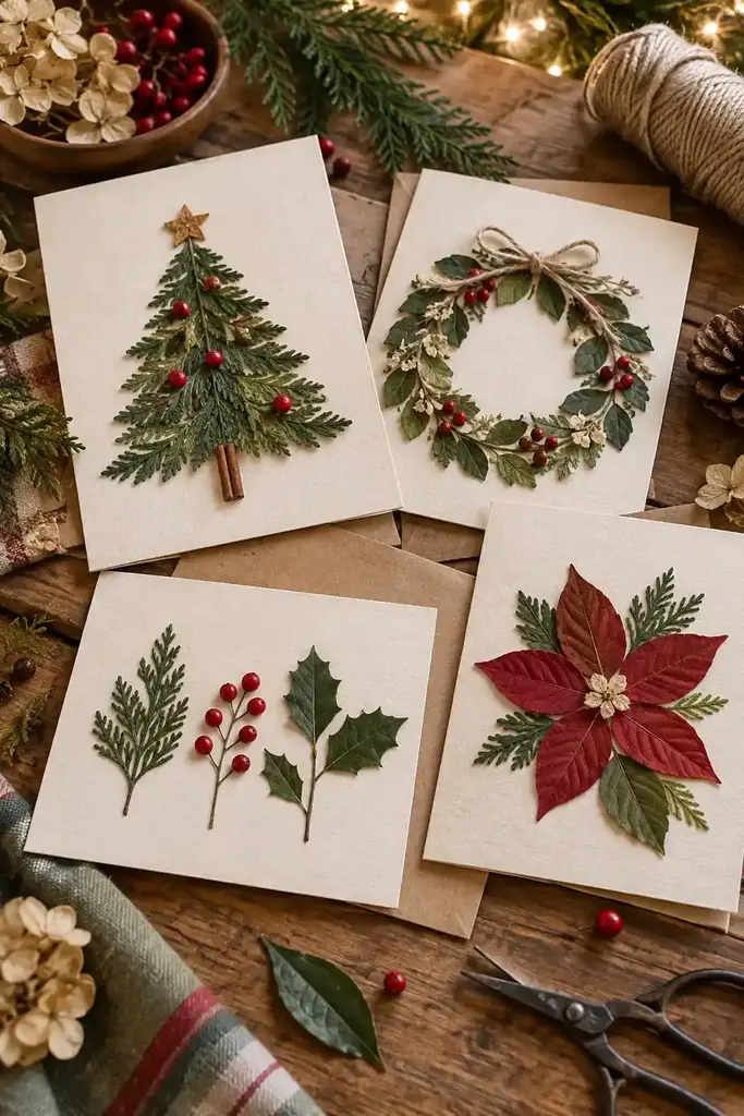 Leaves and small plant pieces form trees, wreaths and holly designs on cream cards