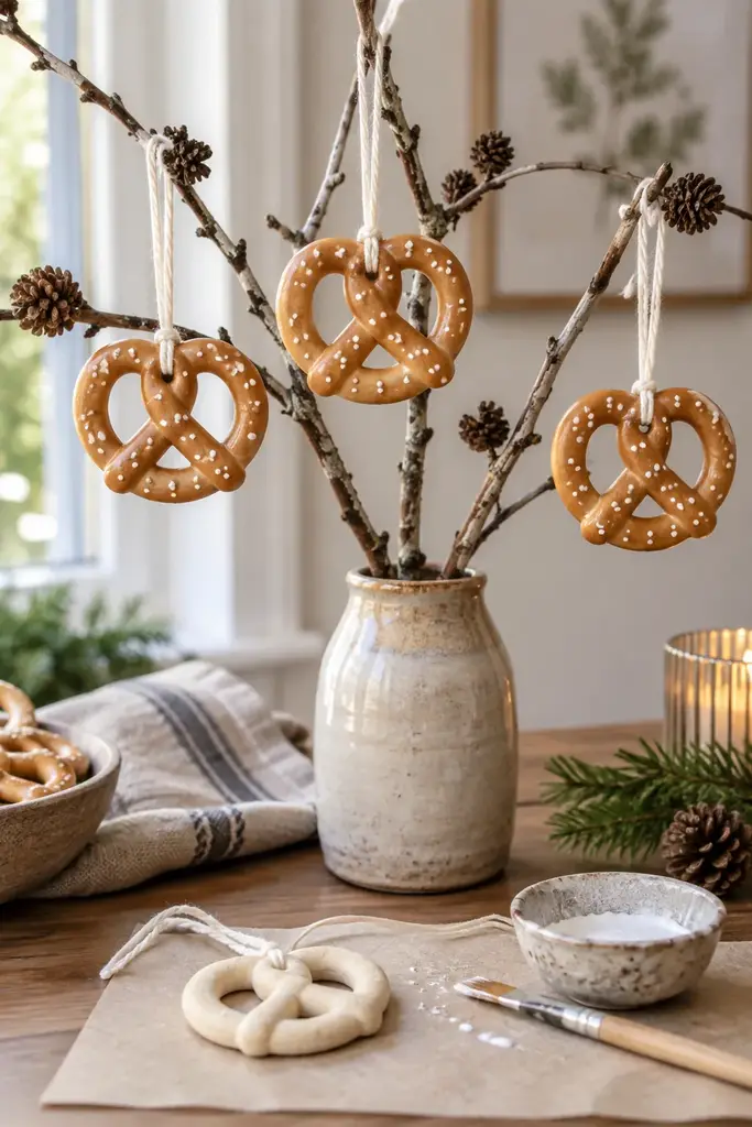 Pretzel shaped salt dough ornaments painted tan with white dots hanging on a tabletop branch