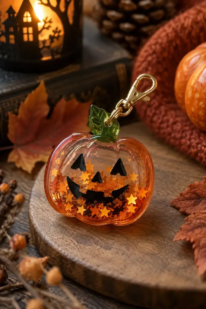 Resin pumpkin shaker charm with orange star confetti and a metal clasp