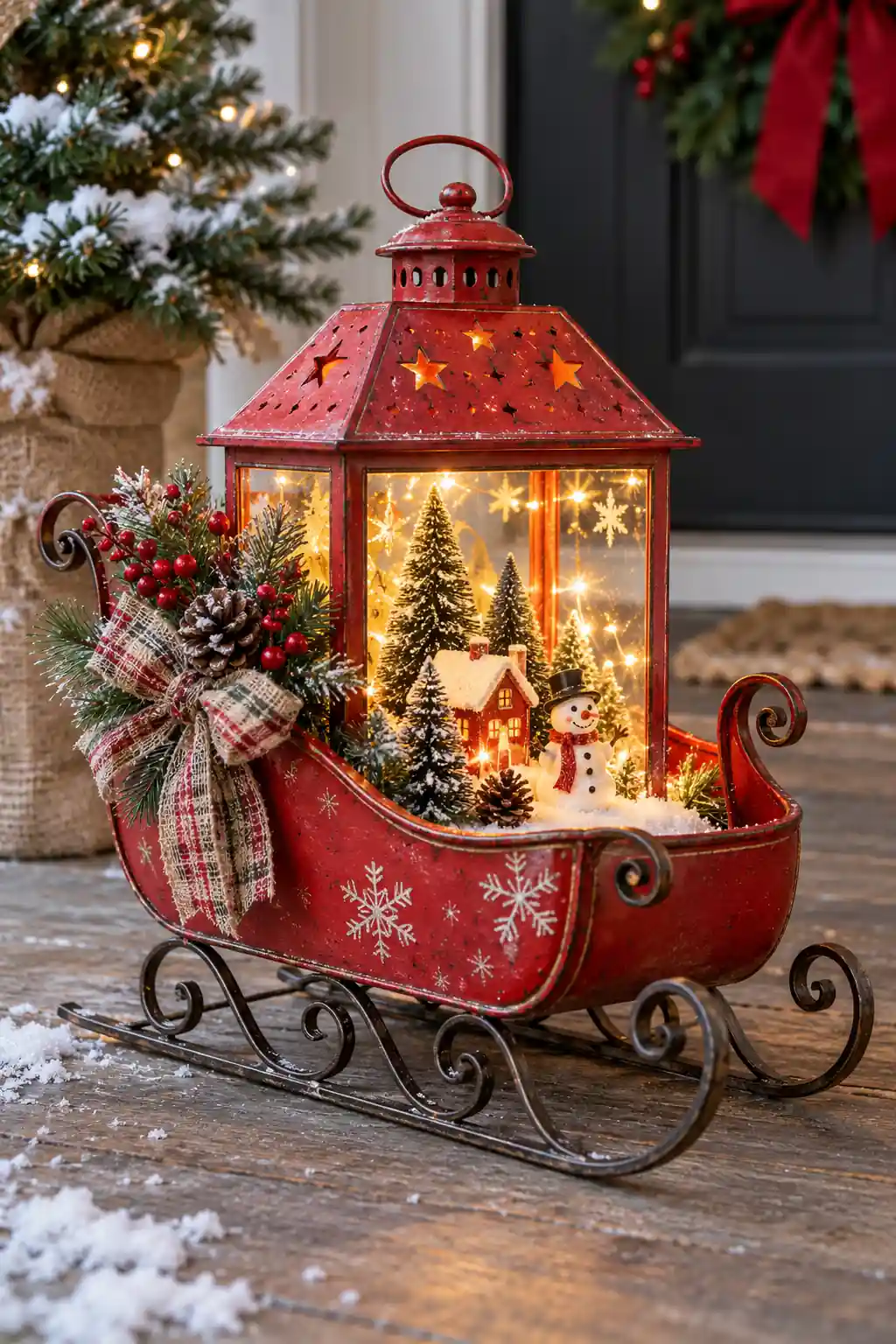 Red Metal Sleigh Scene DIY Christmas lanterns ideas