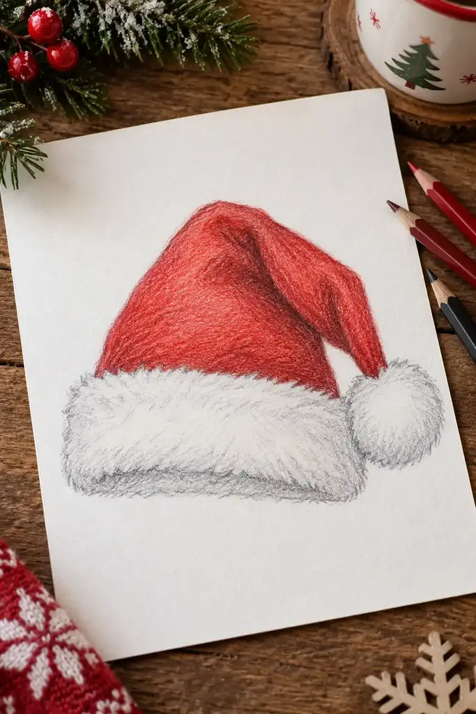 A red Santa hat bends toward a round white pompom